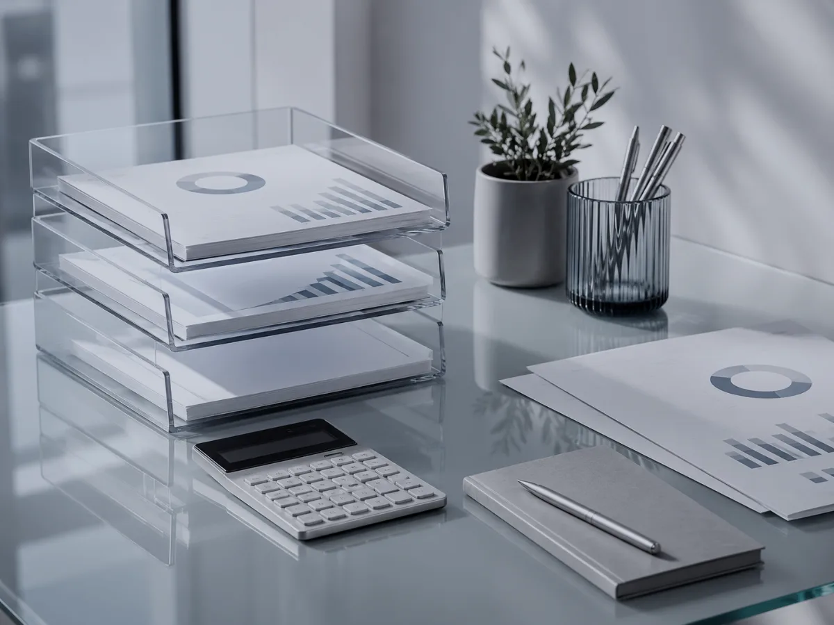 Clean desk with financial reports, charts and a notebook